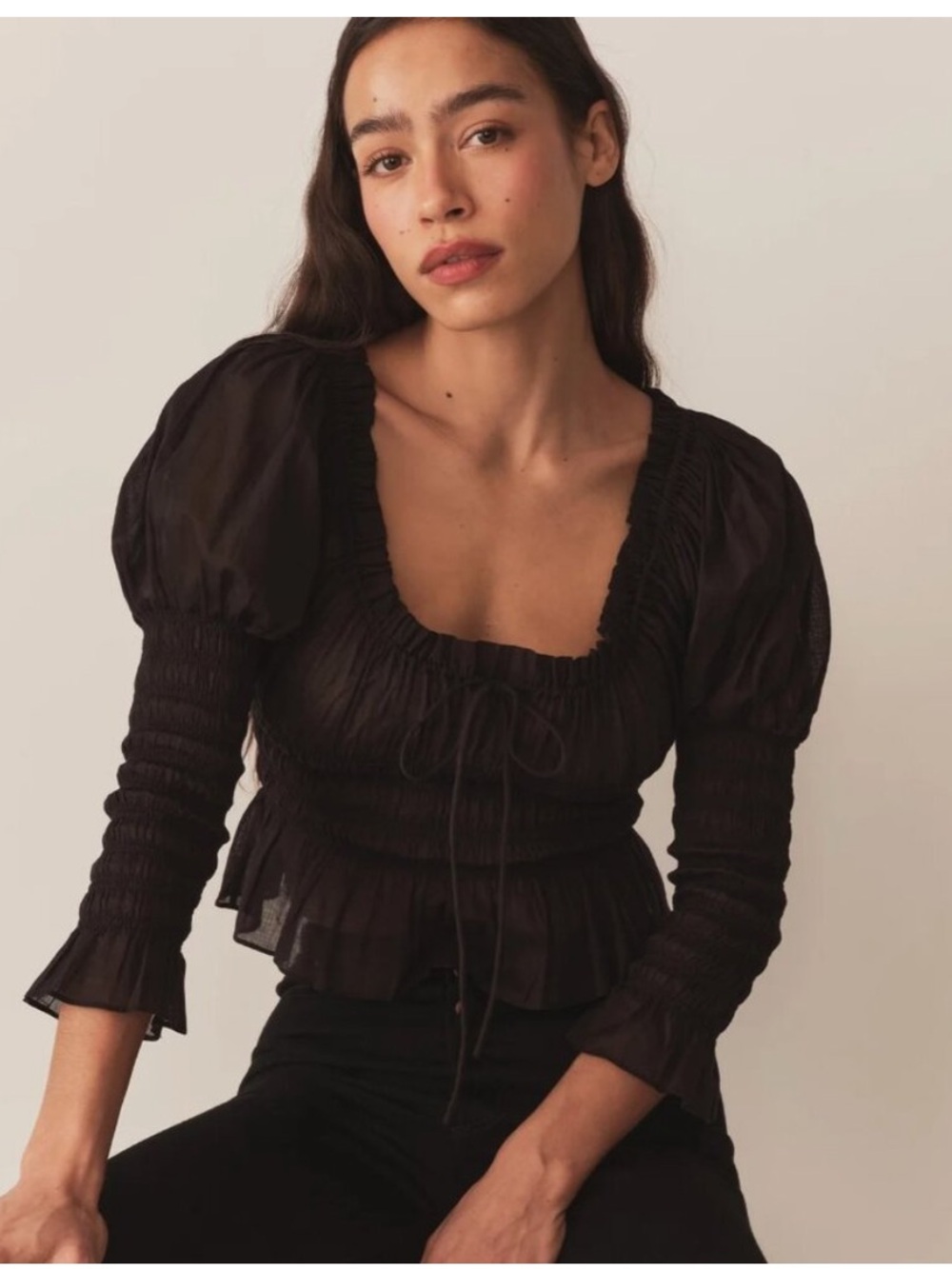Doen Black Smocked Puff-Sleeve Peplum Top